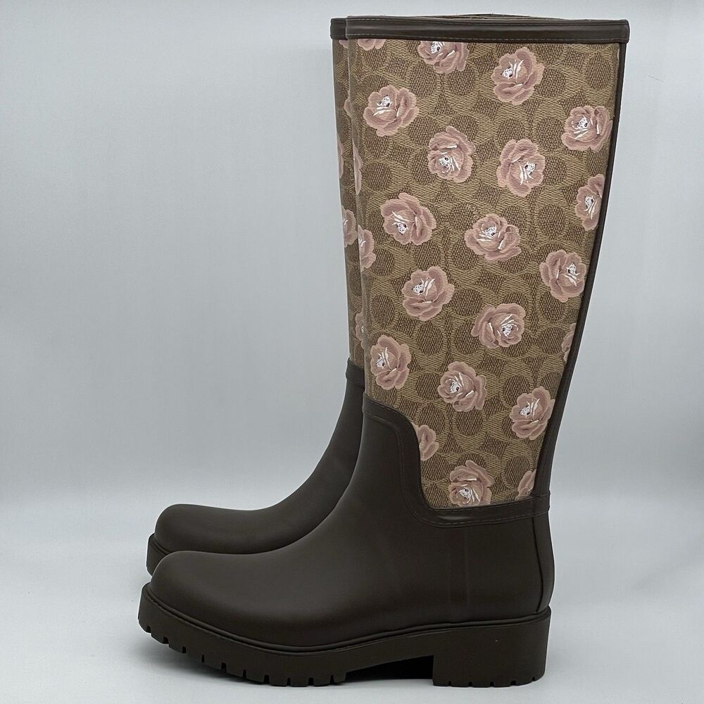 Coach Signature Rubber Rain Boots Tan Women’s 8B Dark Brown Floral Pink Coquette - Picture 16 of 16